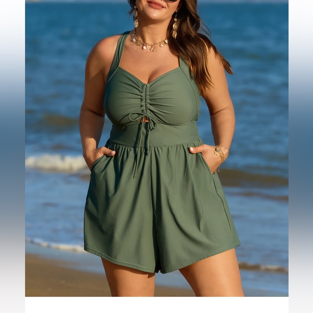 Chic Olive Halter Swimsuit Romper